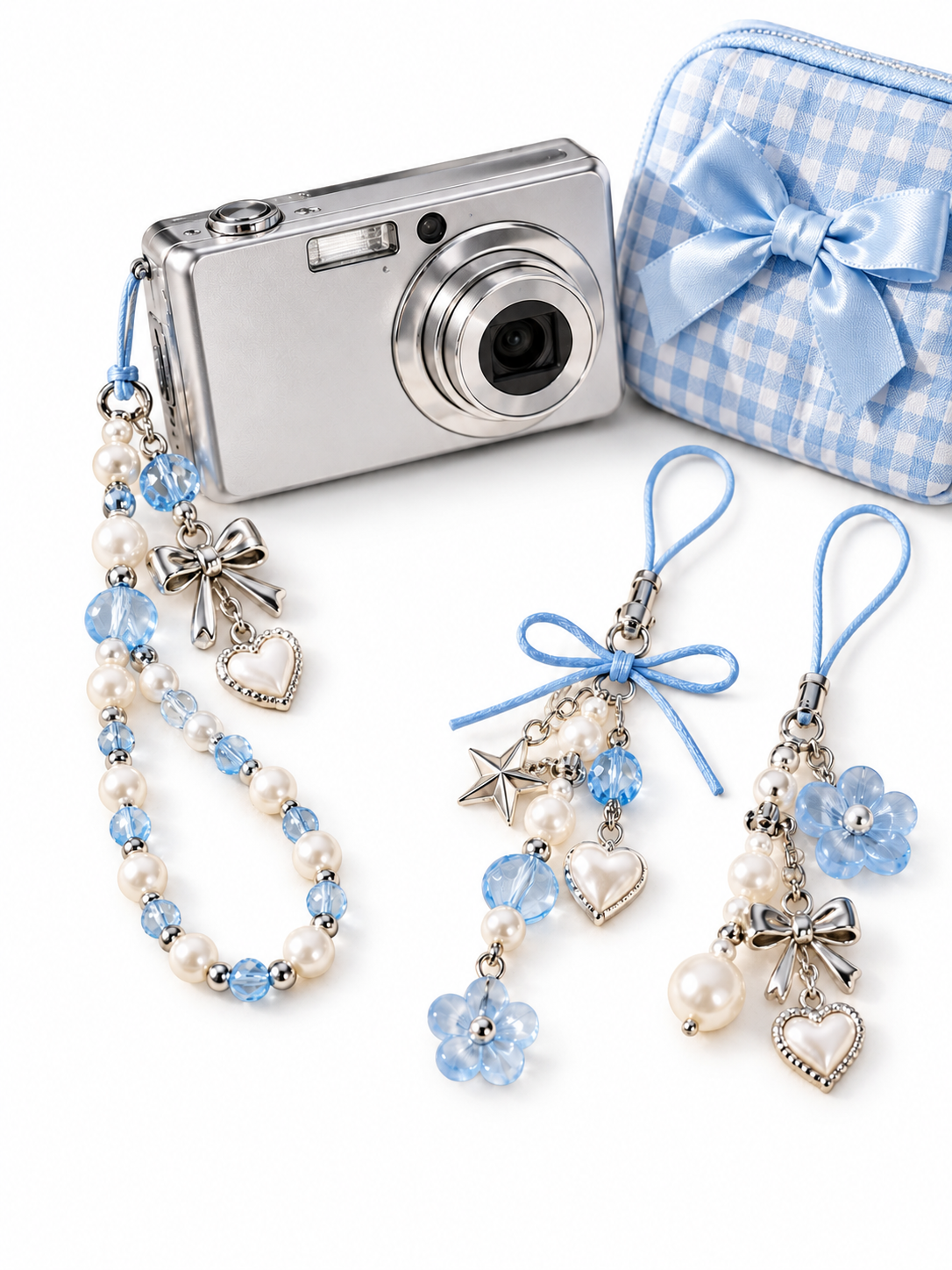 Blue pearl camera straps and silver charms