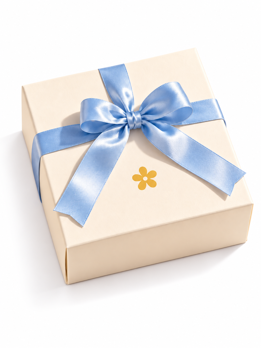 Cream gift box with blue ribbon on white background